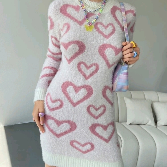 Heart Pattern Mock Neck Fluffy Soft Knit Sweater Dress - Picture 5 of 7